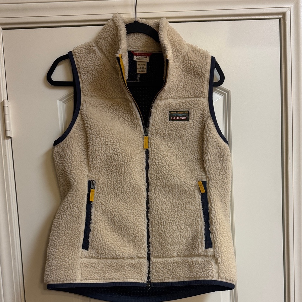 L.L. Bean Cream Fleece Vest with Blue Accents